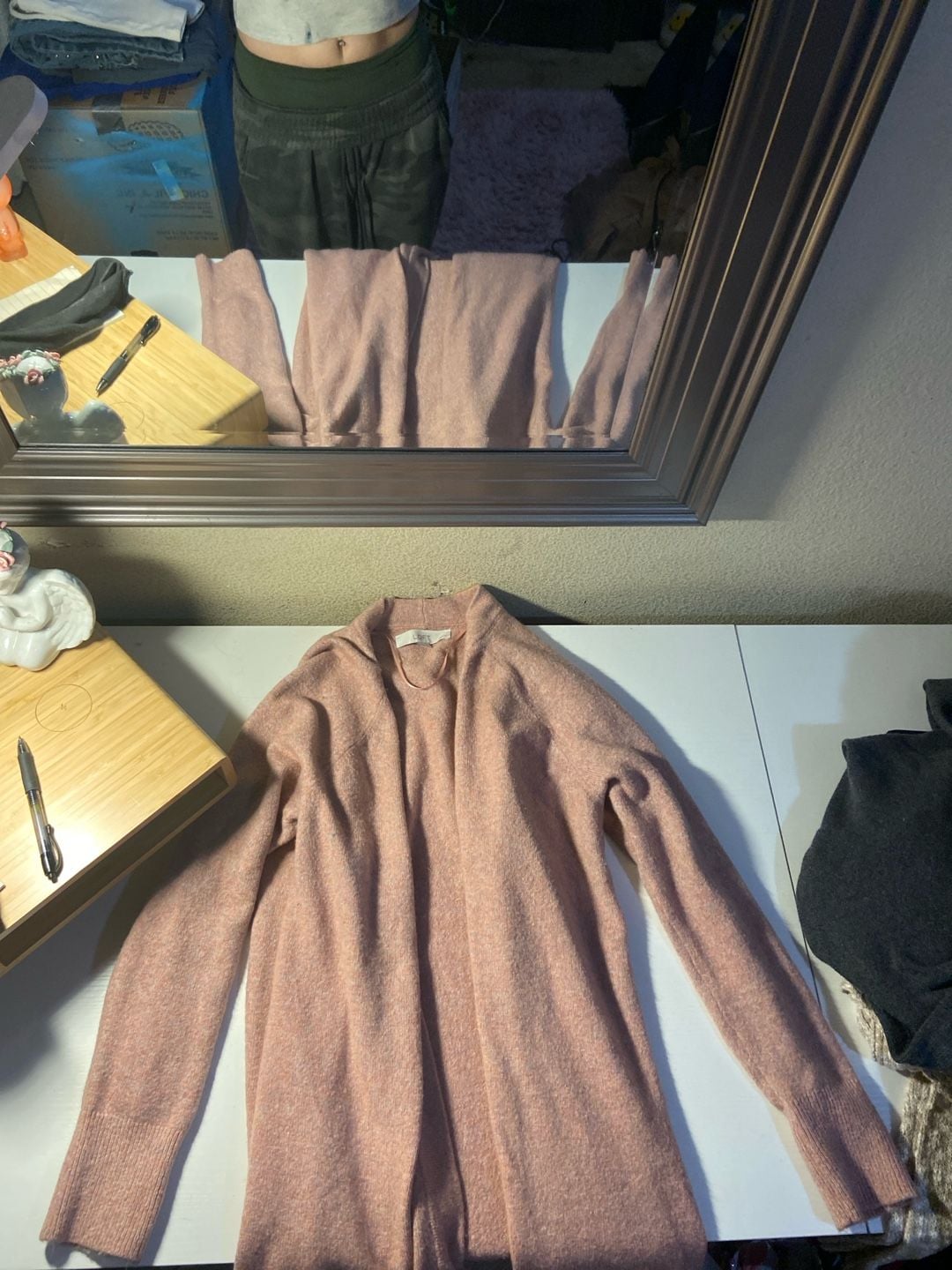 LOFT Petites Soft Knit Open Front Mid-Length Pink Cardigan Sweater 2