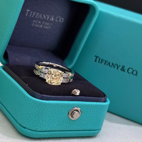 Tiffany & Co. Cushion Cut Fancy Yellow Diamond 3-Row Band Ring in Platinum and 18k Gold