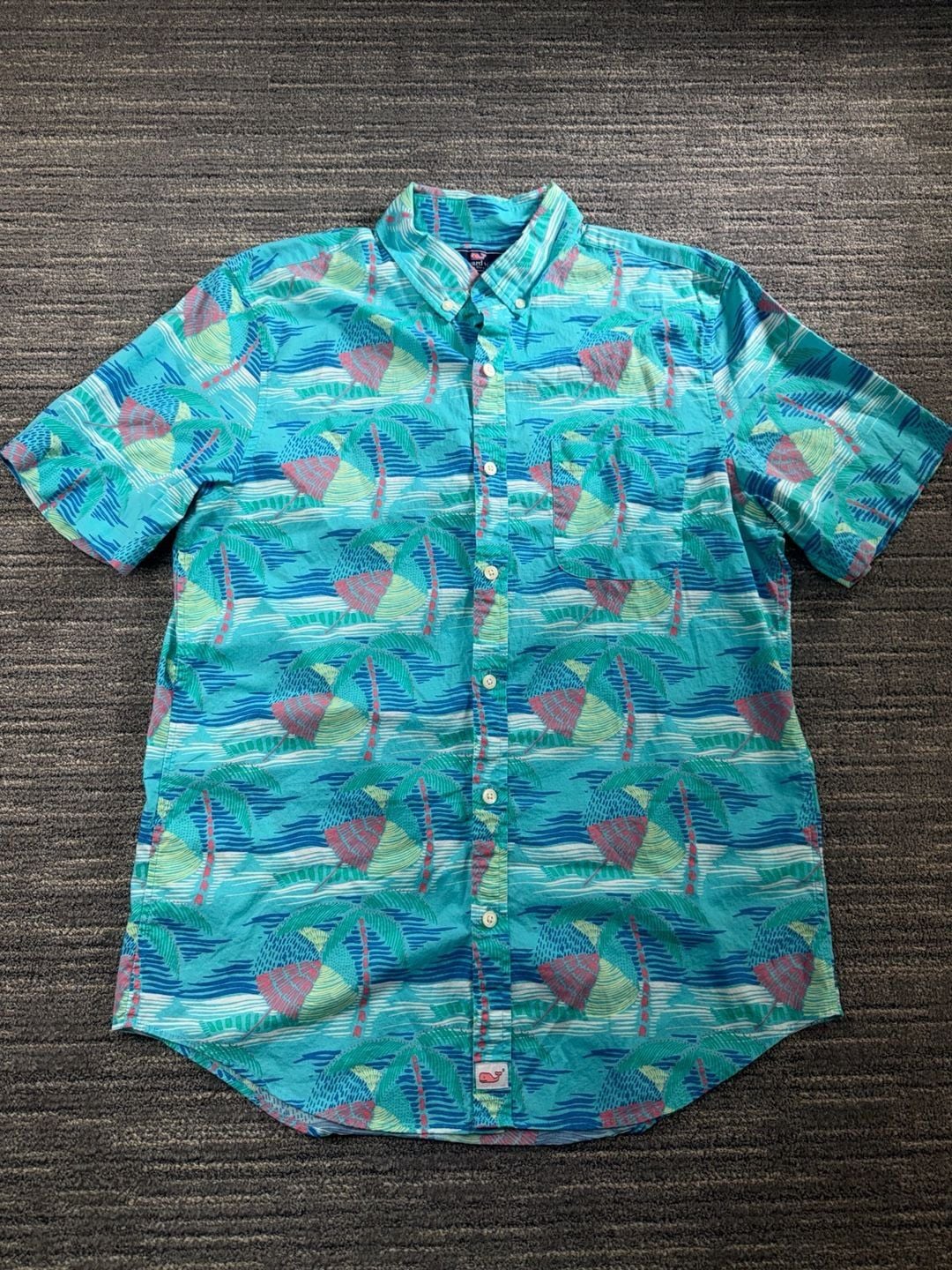Vineyard Vines Slim Fit Murray Shirt Linear Umbrella Palm Print Short Sleeve Men's Size M 2