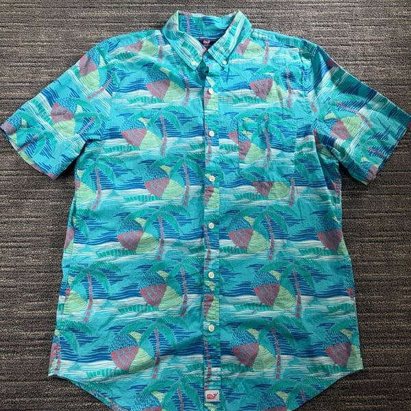 Vineyard Vines Slim Fit Murray Shirt Linear Umbrella Palm Print Short Sleeve Men's Size M