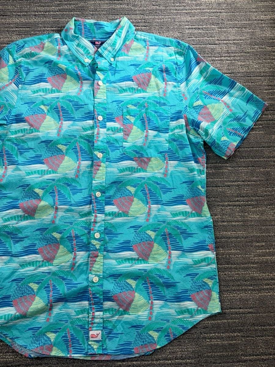 Vineyard Vines Slim Fit Murray Shirt Linear Umbrella Palm Print Short Sleeve Men's Size M 3