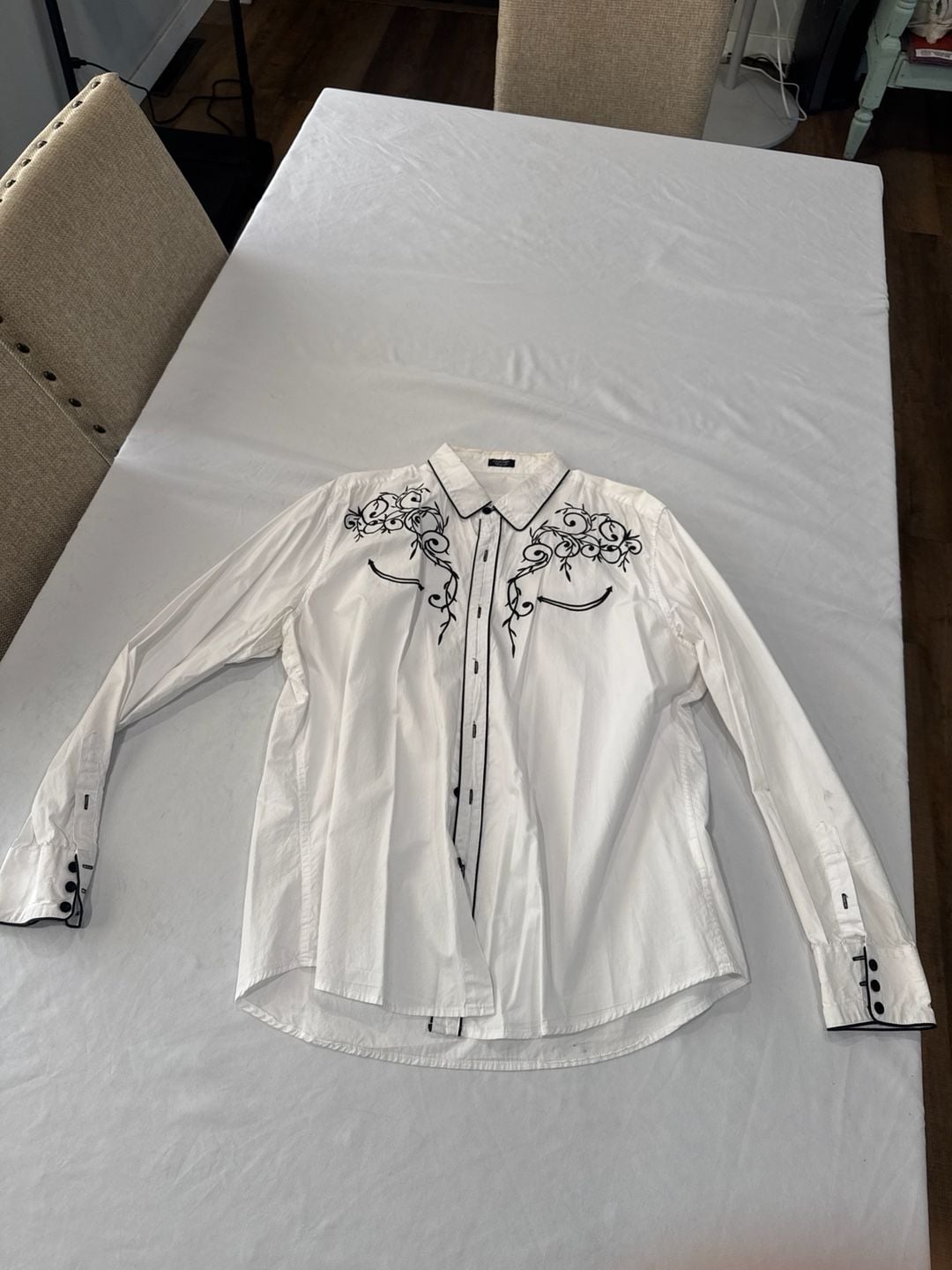 Mazeys Mens White Black Western Cowboy Embroidered Retro Long Sleeve Shirt 2