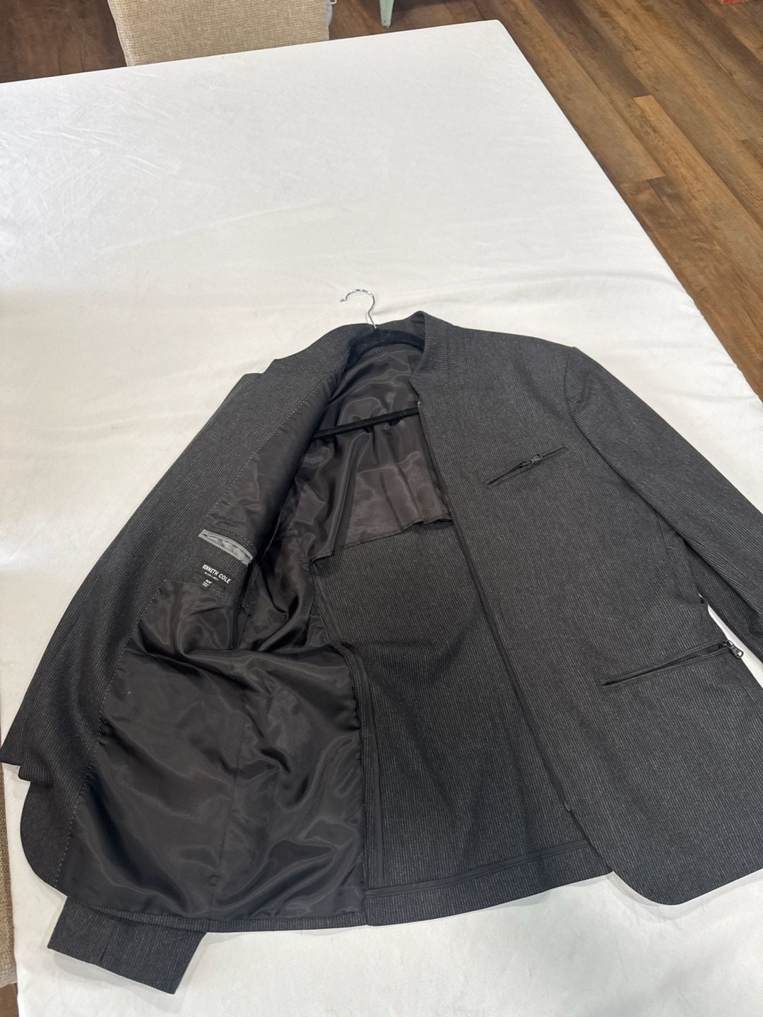 Kenneth Cole Black Label Gray Pinstripe Mandarin Collar Zip-Up Blazer Jacket 2