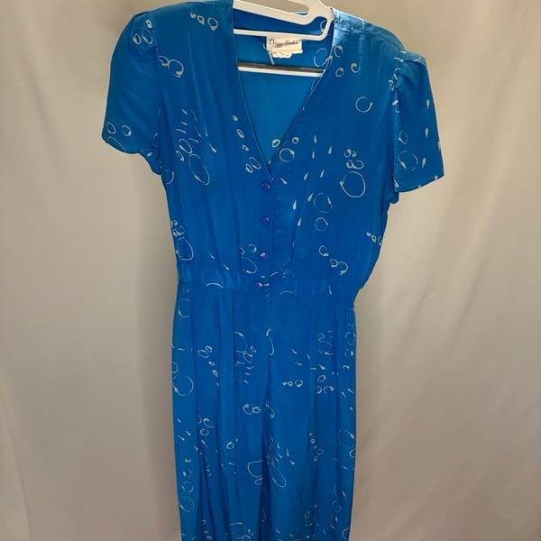 Vintage Maggy London 100% Silk Blue Short Sleeve V-Neck Midi Dress