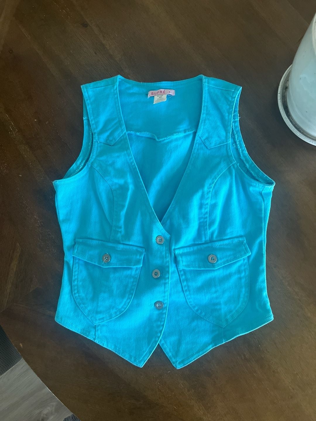 Supré Vintage Turquoise Blue Denim Cropped Vest Waistcoat 2