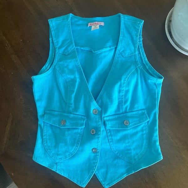 Supré Vintage Turquoise Blue Denim Cropped Vest Waistcoat