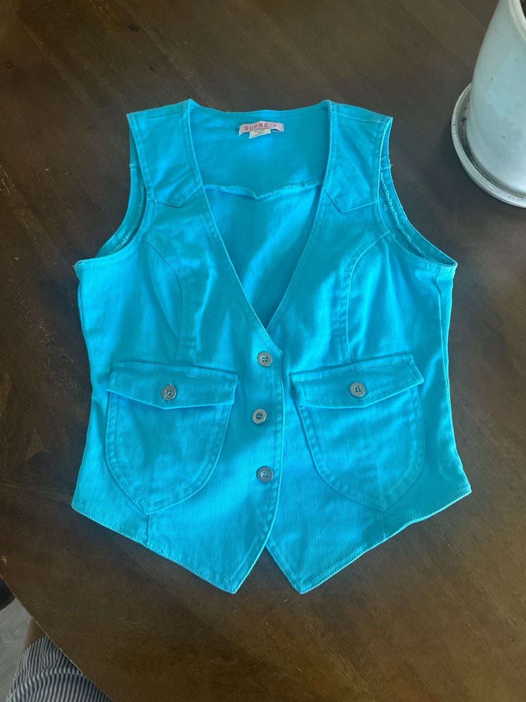 Supré Vintage Turquoise Blue Denim Cropped Vest Waistcoat 3