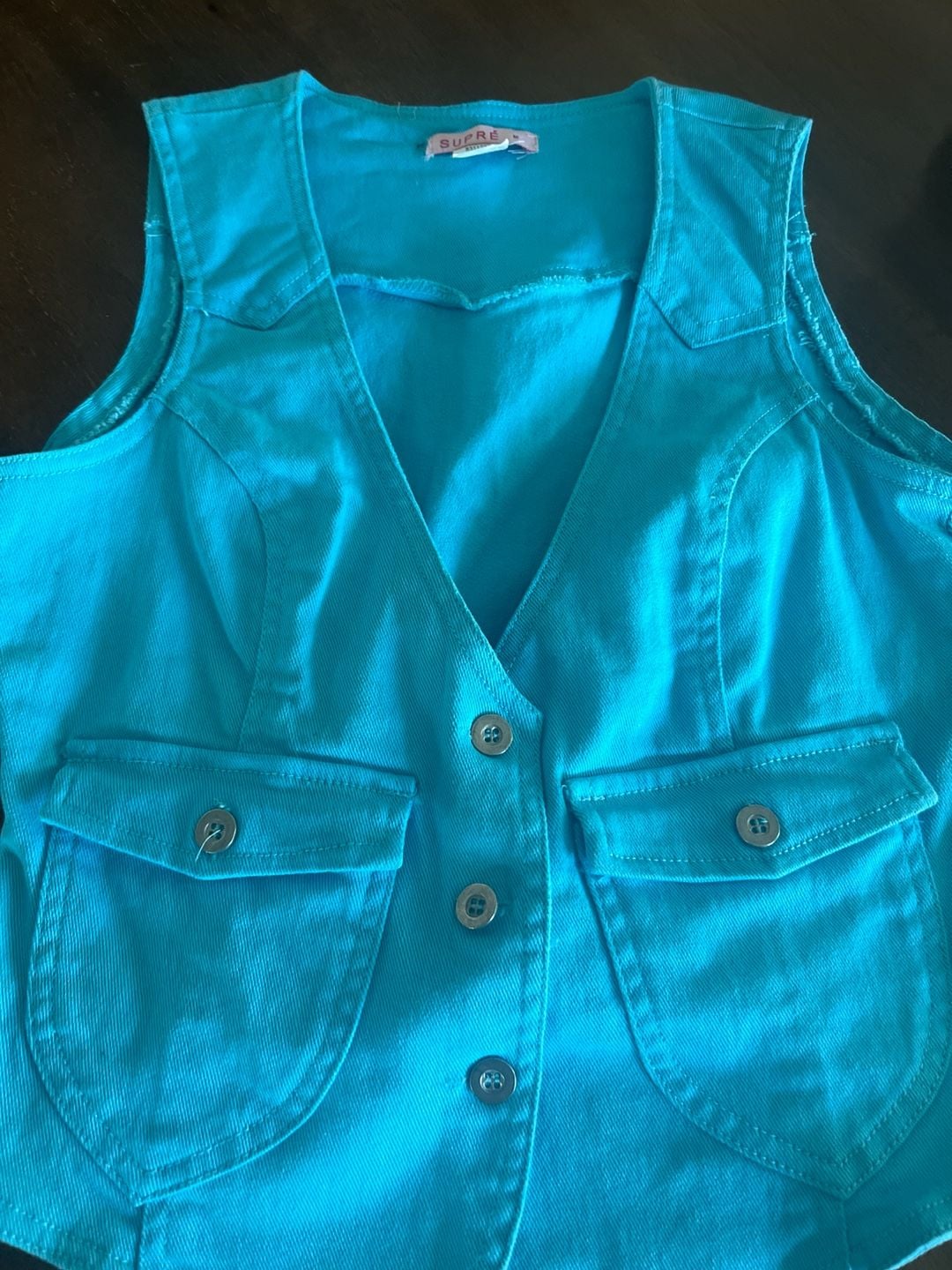 Supré Vintage Turquoise Blue Denim Cropped Vest Waistcoat 4