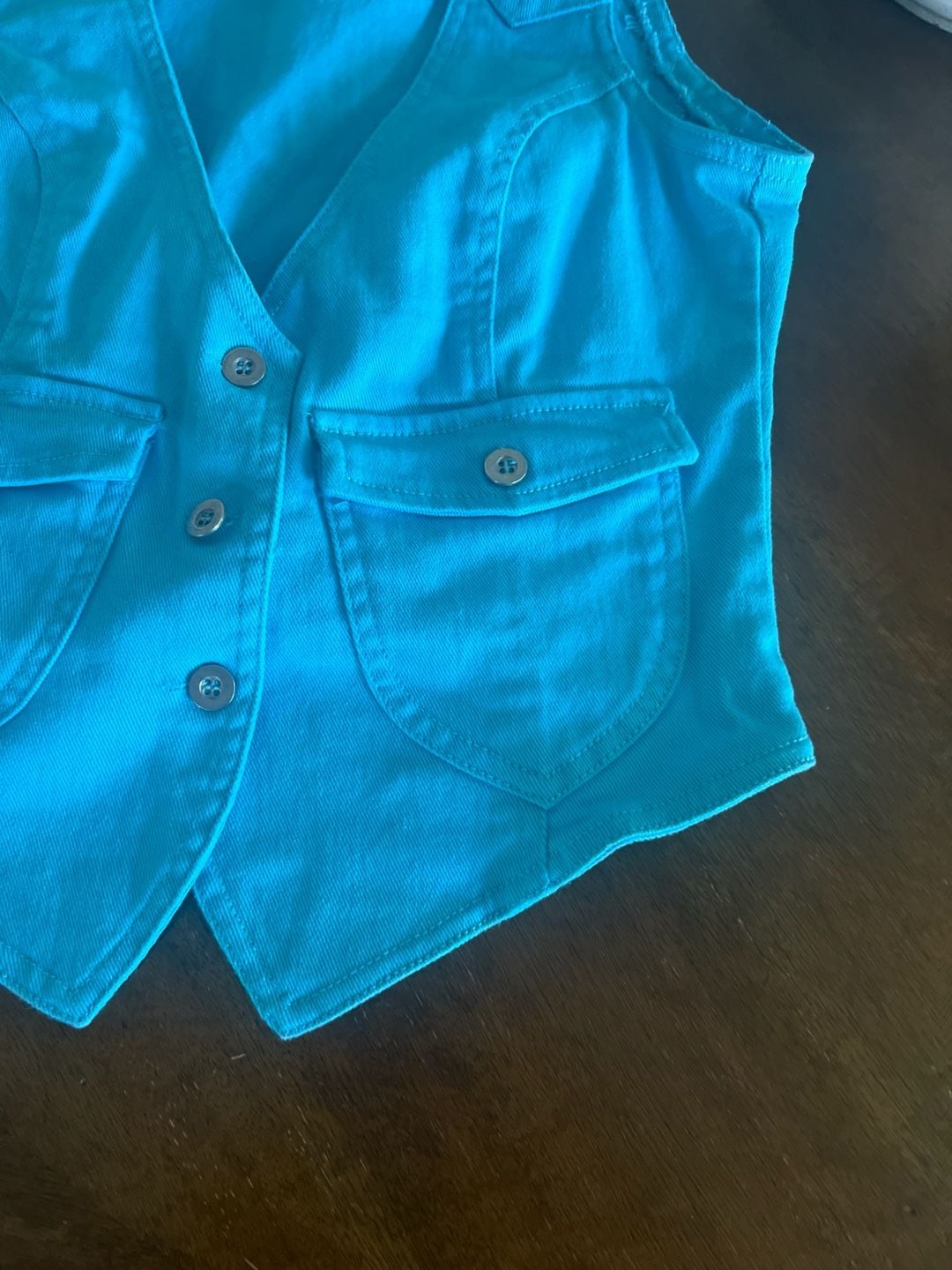 Supré Vintage Turquoise Blue Denim Cropped Vest Waistcoat 5