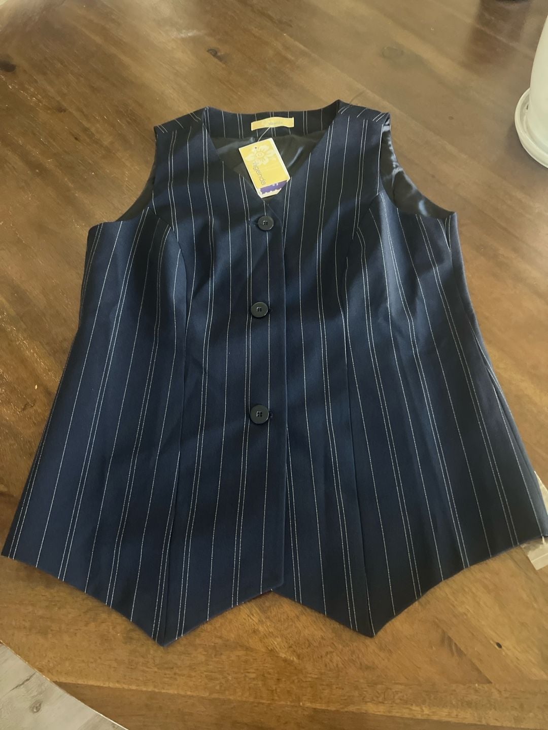 Agenda Women's Navy Blue Pinstripe Button-Up Tailored Waistcoat Vest 2