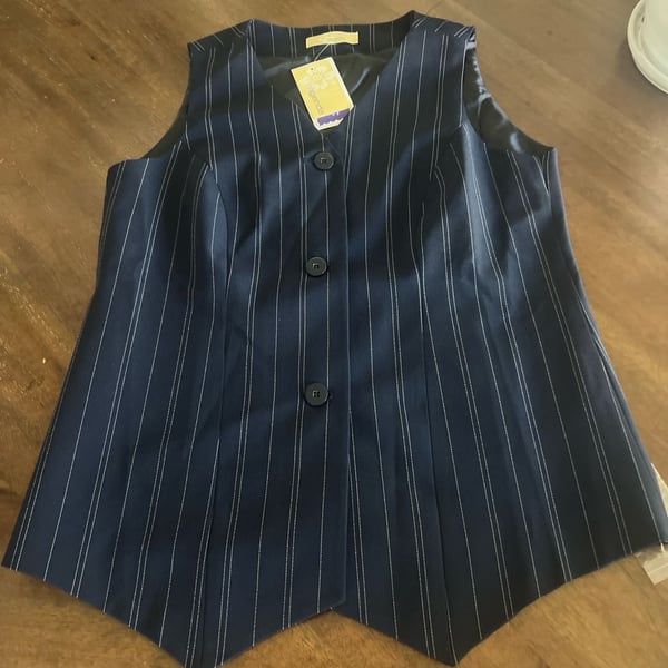 Agenda Women's Navy Blue Pinstripe Button-Up Tailored Waistcoat Vest
