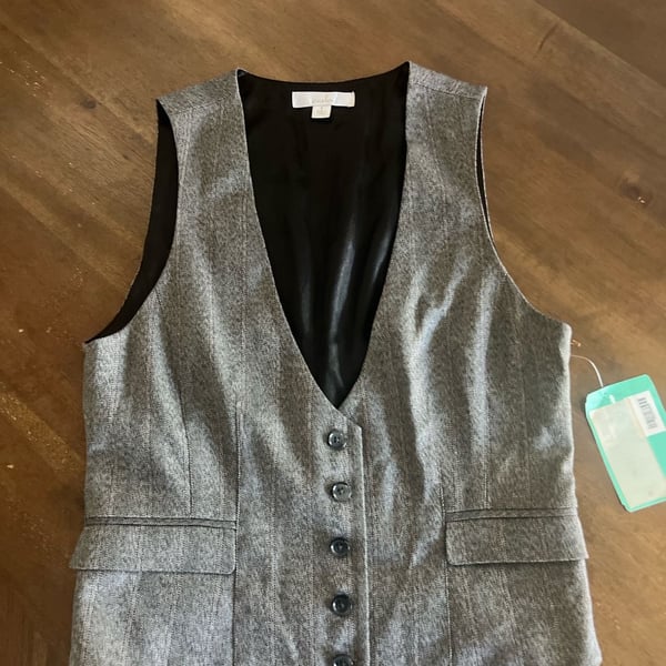Vintage Caslon Women's Grey Herringbone Tweed Tailored Button Front Vest Waistcoat