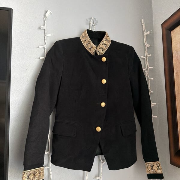 Zara Basic Black Military Style Blazer with Gold Embroidered Cuff and Collar