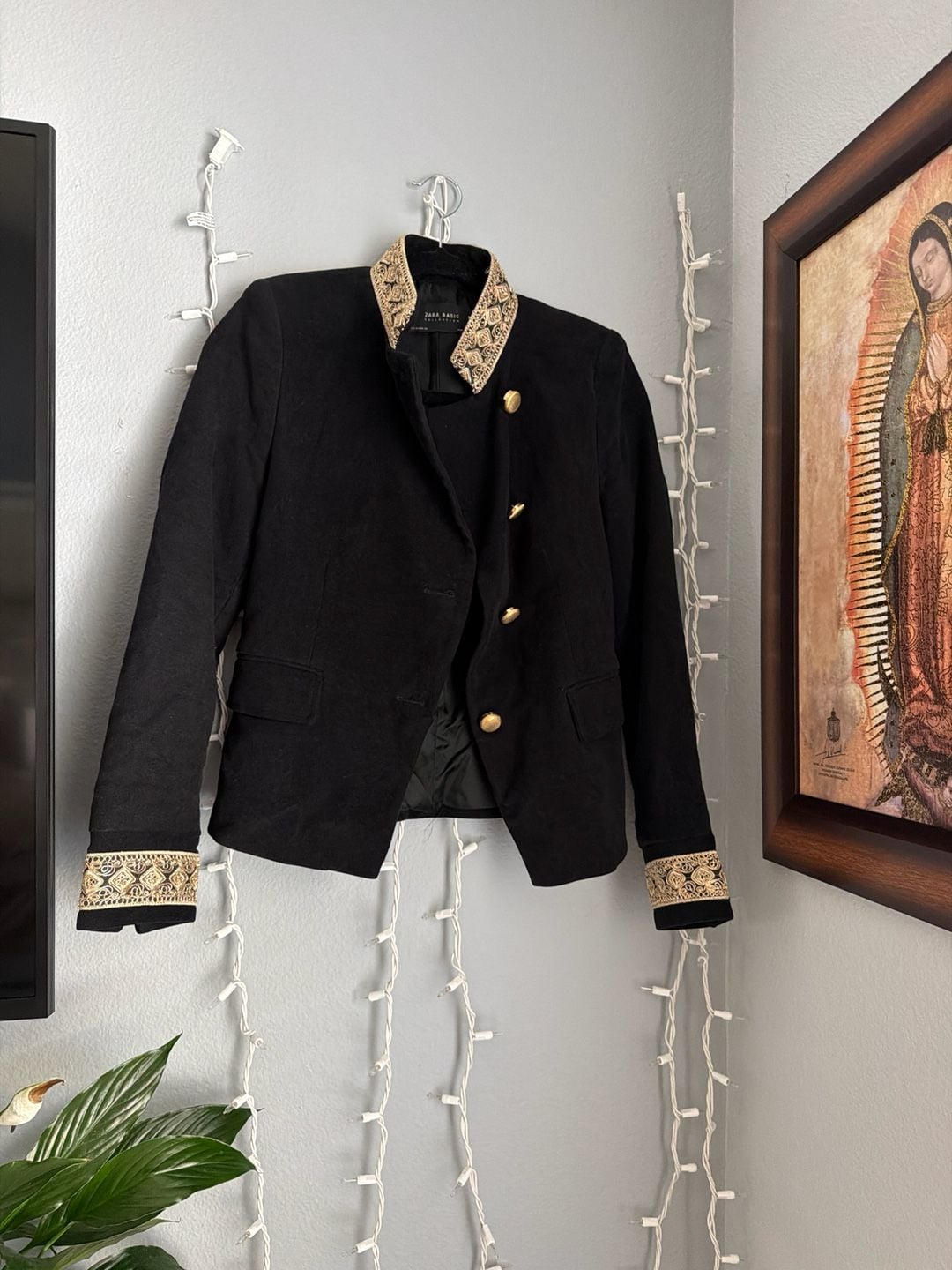 Zara Basic Black Military Style Blazer with Gold Embroidered Cuff and Collar 9