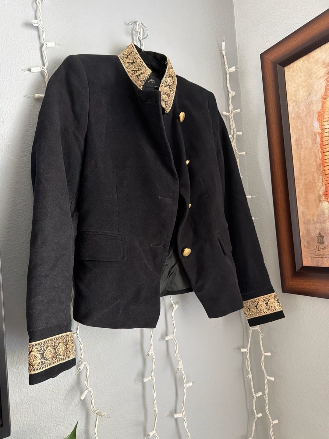 Zara Basic Black Military Style Blazer with Gold Embroidered Cuff and Collar 10