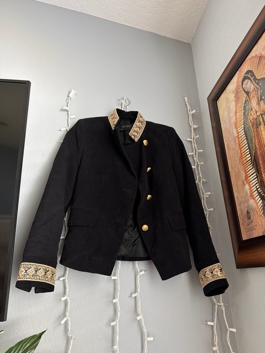Zara Basic Black Military Style Blazer with Gold Embroidered Cuff and Collar 11