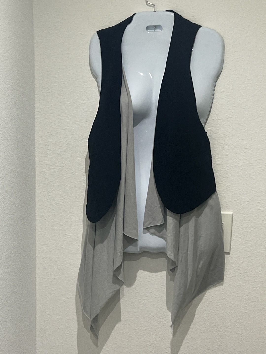 Not Forever Grey High Low Waterfall Swing Vest with Navy Trim 1