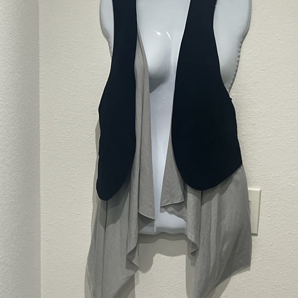 Not Forever Grey High Low Waterfall Swing Vest with Navy Trim