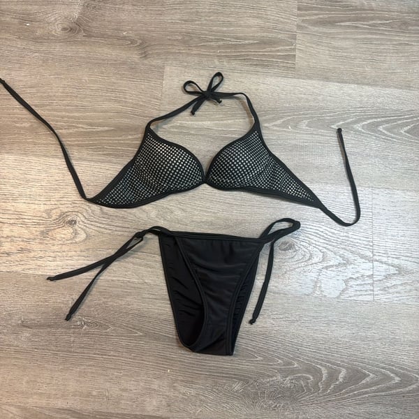 Dolcessa Black Perforated Laser Cut Tie-Side Triangle Bikini Set