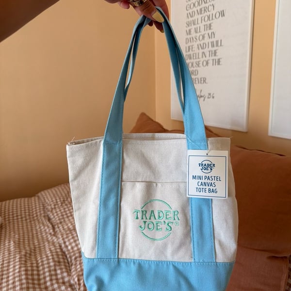 NWT Trader Joe's Mini Pastel Blue Canvas Tote Bag Limited Edition