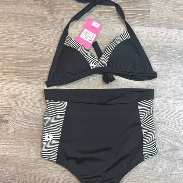 Matilda Jane Women's Black and White Stripe High Waisted Two-Piece Bikini Set