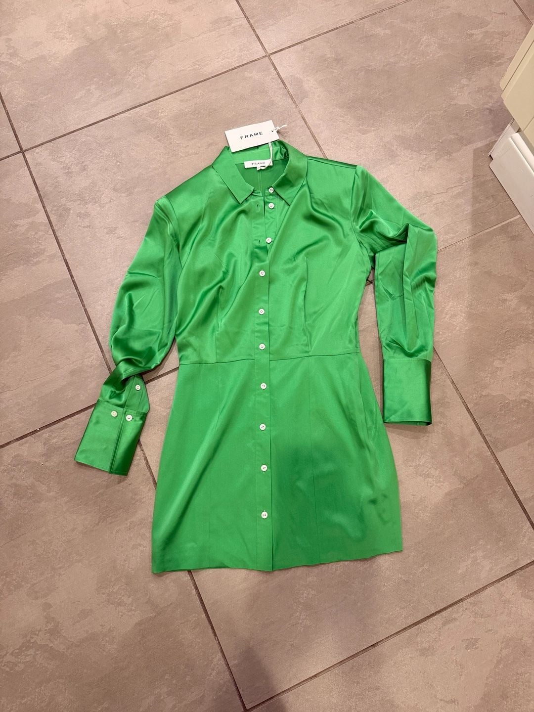 FRAME Strong Shoulder Silk-Blend Mini Dress in Bright Peridot 2