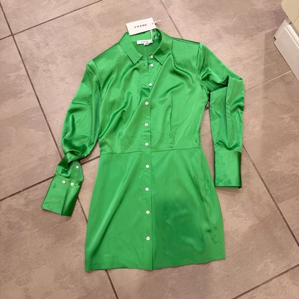 FRAME Strong Shoulder Silk-Blend Mini Dress in Bright Peridot