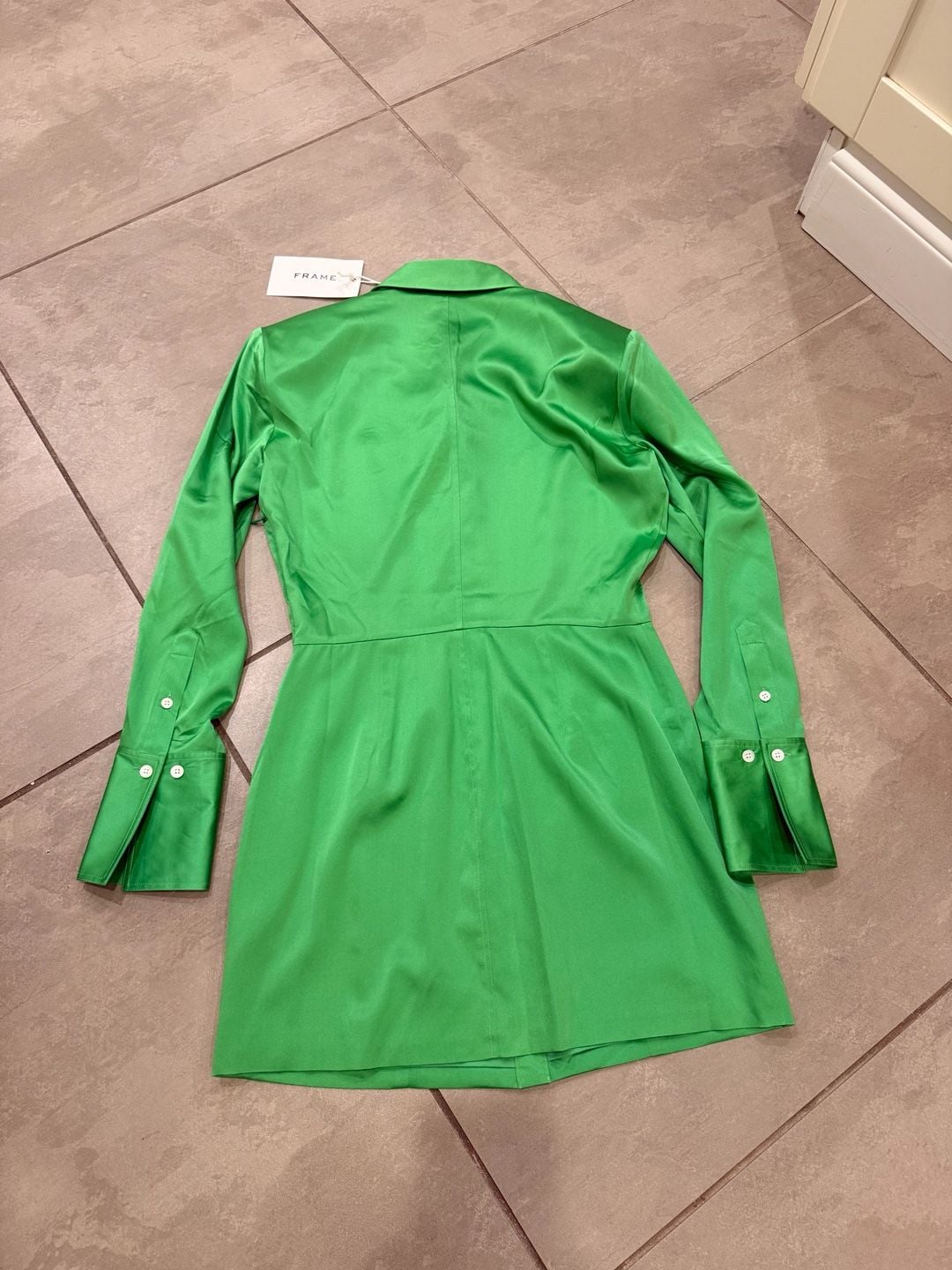 FRAME Strong Shoulder Silk-Blend Mini Dress in Bright Peridot 7