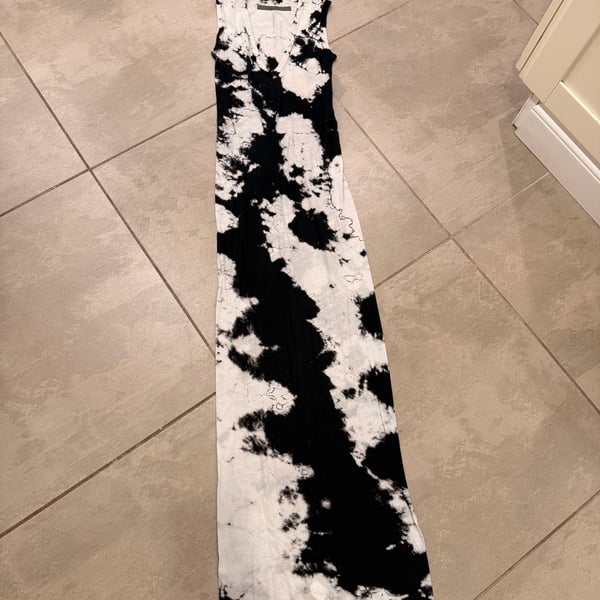 Enza Costa Black & White Cloud Tie Dye Pima Cotton Sleeveless U-Neck Maxi Dress