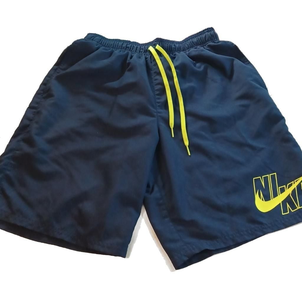 Nike Men's Logo 9 Inch Volley Swim Trunk Shorts in Midnight Navy and Volt medium 3