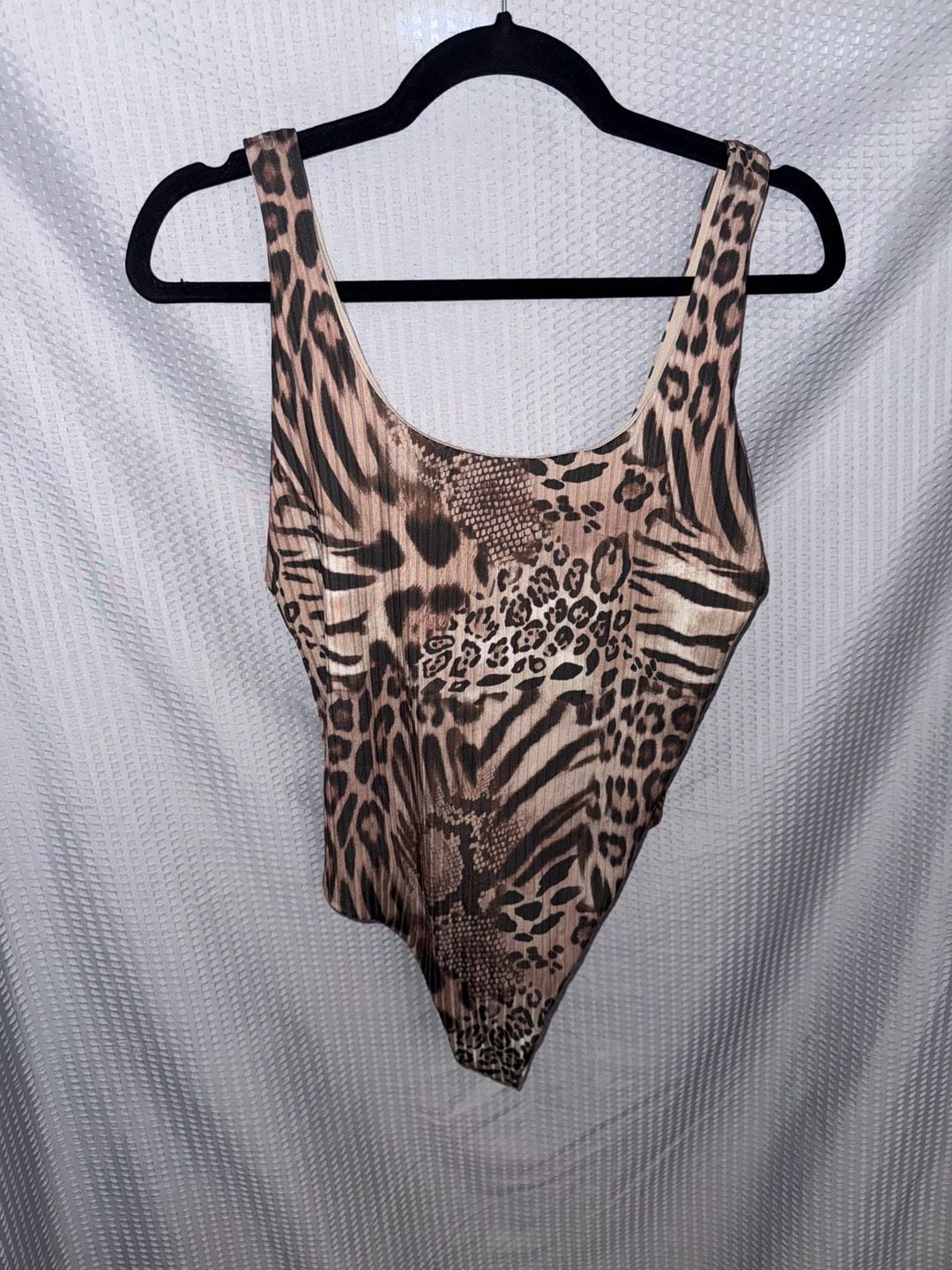 ASOS DESIGN Ribbed Scoop Neck Swimsuit in Mixed Animal Leopard Print 1