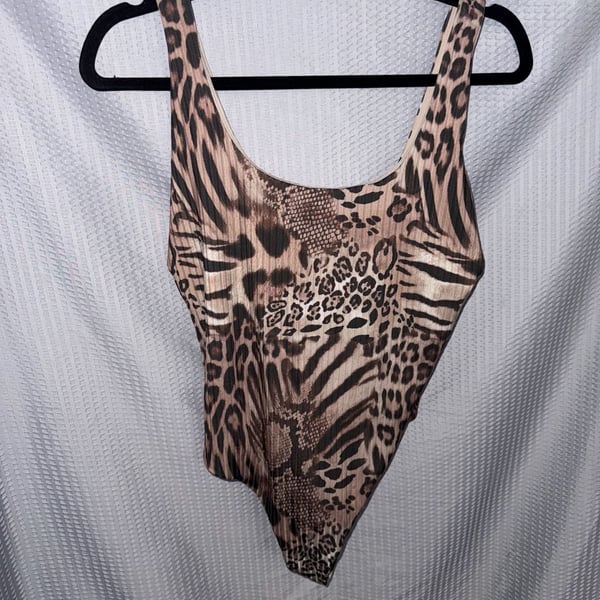 ASOS DESIGN Ribbed Scoop Neck Swimsuit in Mixed Animal Leopard Print