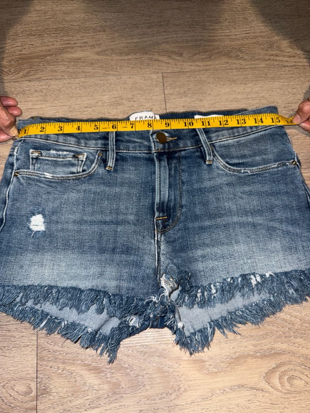 FRAME Le Cutoff Blue Denim Fringe Hem Distressed Shorts 6