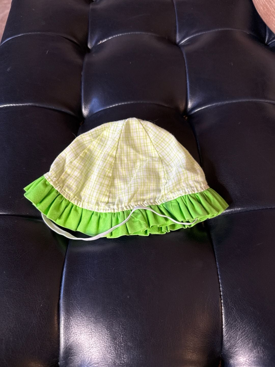 Vintage Baby Girl Green Gingham Ruffle Bonnet Sun Hat with Elastic Strap 2