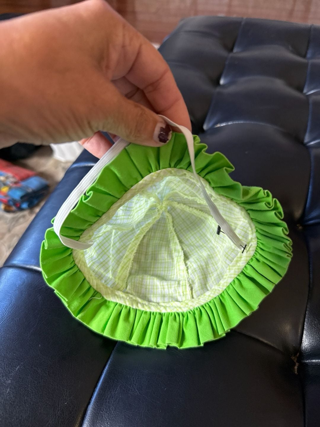 Vintage Baby Girl Green Gingham Ruffle Bonnet Sun Hat with Elastic Strap 3