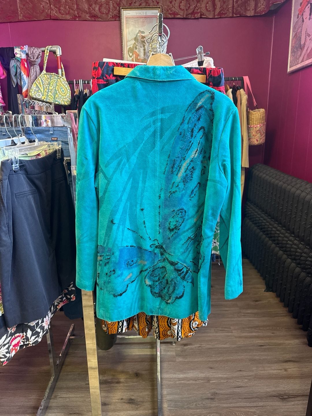 Vintage Chico's Design Teal Suede Leather Butterfly Art to Wear Jacket Size 2 2