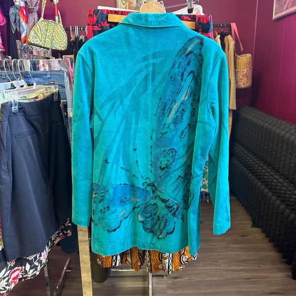 Vintage Chico's Design Teal Suede Leather Butterfly Art to Wear Jacket Size 2