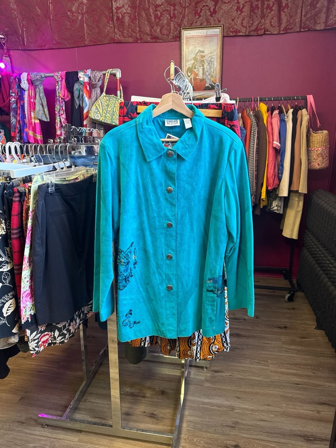 Vintage Chico's Design Teal Suede Leather Butterfly Art to Wear Jacket Size 2 3