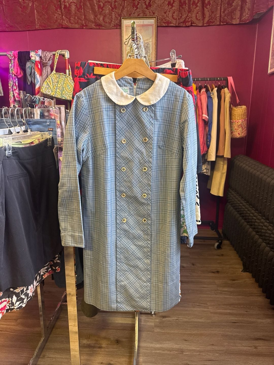 Vintage 1960s Ladybug Blue Plaid Double Breasted Mod Shift Dress with Peter Pan Collar 2