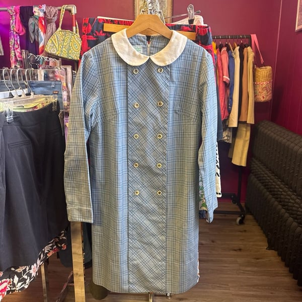 Vintage 1960s Ladybug Blue Plaid Double Breasted Mod Shift Dress with Peter Pan Collar