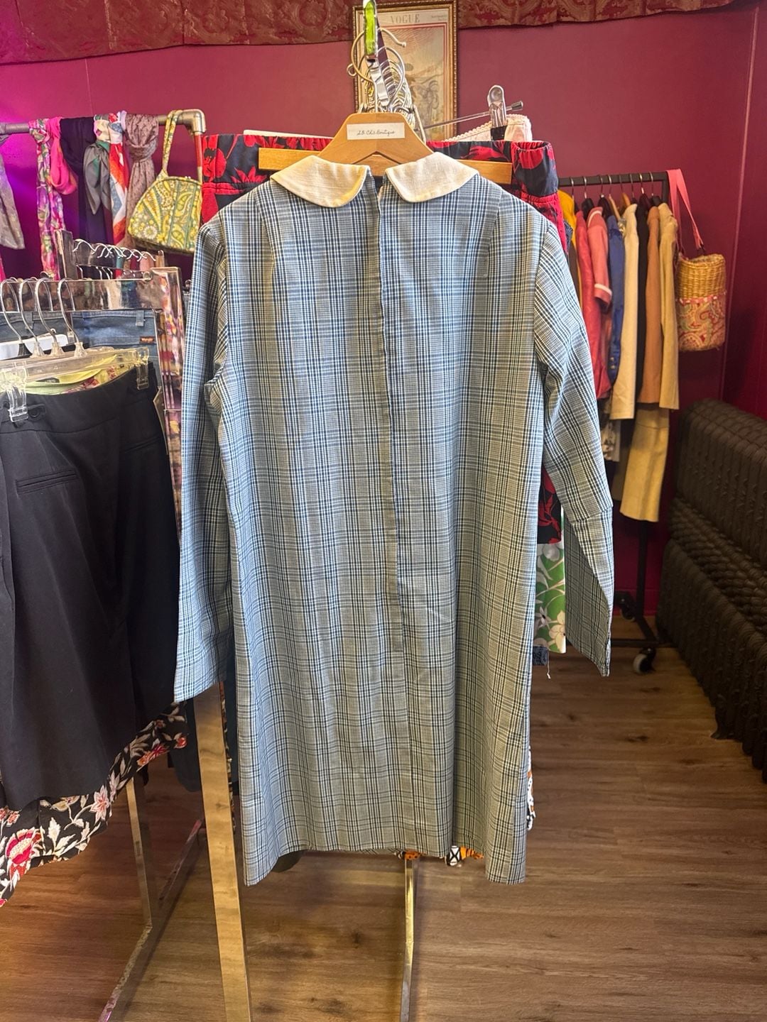 Vintage 1960s Ladybug Blue Plaid Double Breasted Mod Shift Dress with Peter Pan Collar 4