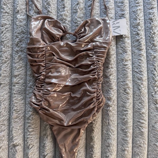 Zara Metallic Gold Ruched Deep V-Neck Cutout Bodysuit