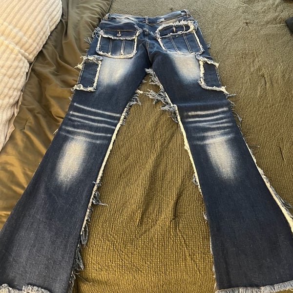 Valabasas Lyra Blue Stone Wash Raw Edge Flared Stacked Cargo Jeans