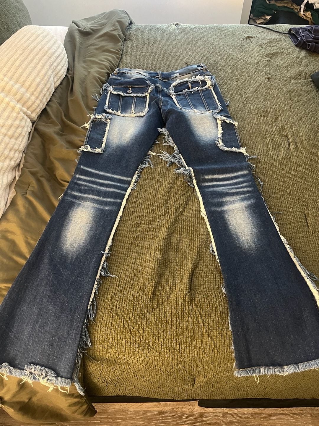 Valabasas Lyra Blue Stone Wash Raw Edge Flared Stacked Cargo Jeans 7