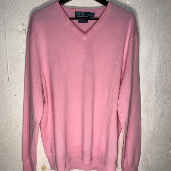Vintage 1980s Polo Ralph Lauren Mens 100% Cashmere V-Neck Sweater Pink XL