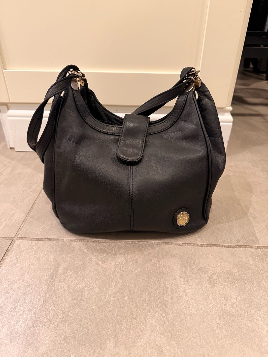 Vintage Pierre Balmain Black Genuine Leather Shoulder Hobo Bag with Medallion 2