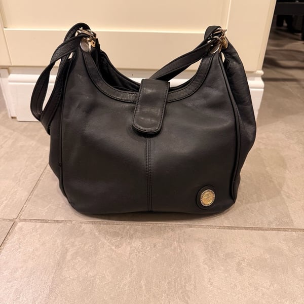 Vintage Pierre Balmain Black Genuine Leather Shoulder Hobo Bag with Medallion