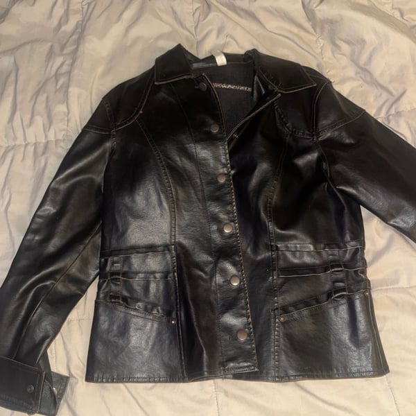 No Boundaries XL Faux Leather Button Down Fitted Jacket with Animal Print Trim