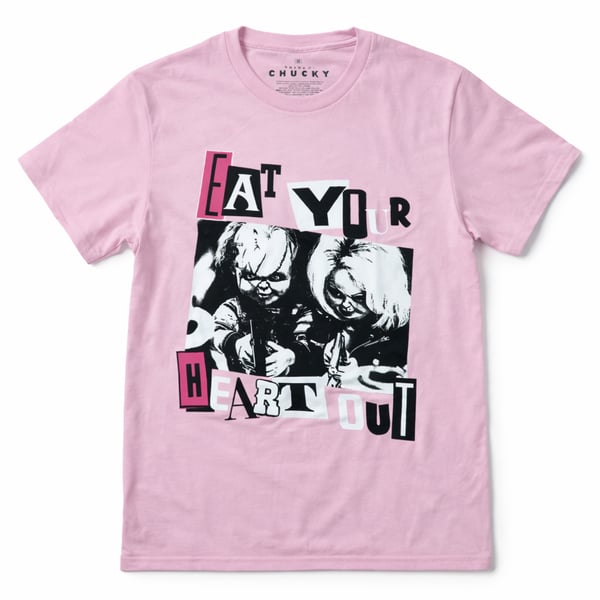 Bride of Chucky Eat Your Heart Out Pink Graphic T-Shirt Small