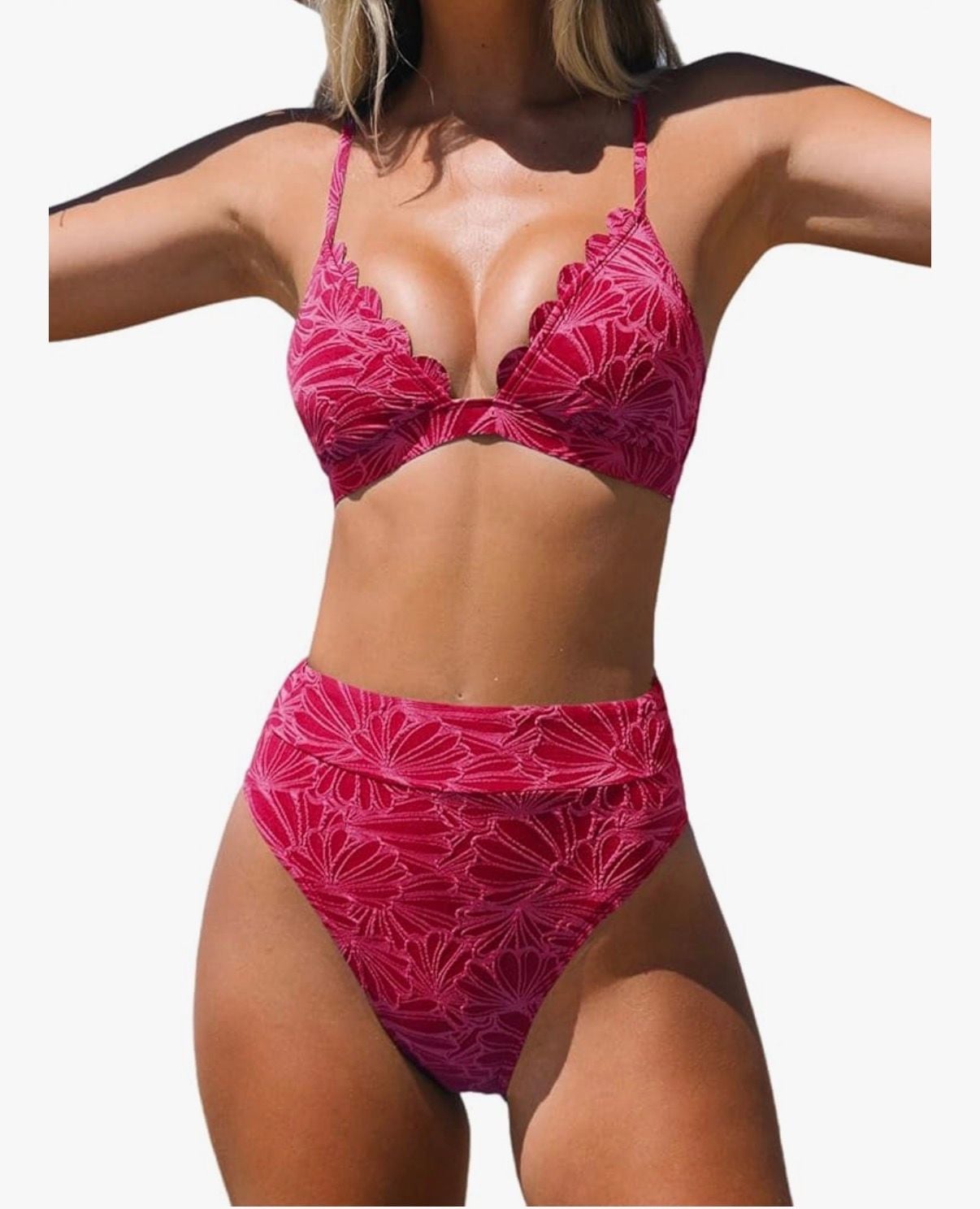 Cupshe Red Floral Jacquard Scalloped V-Neck High Waisted Bikini Set Size M 1